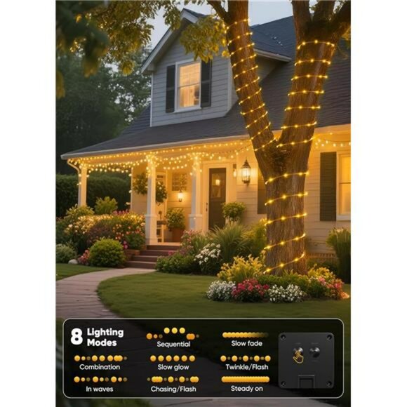 solar rope lights outdoor waterproof 39ft warm white led string garden patio dec - Picture 4 of 7